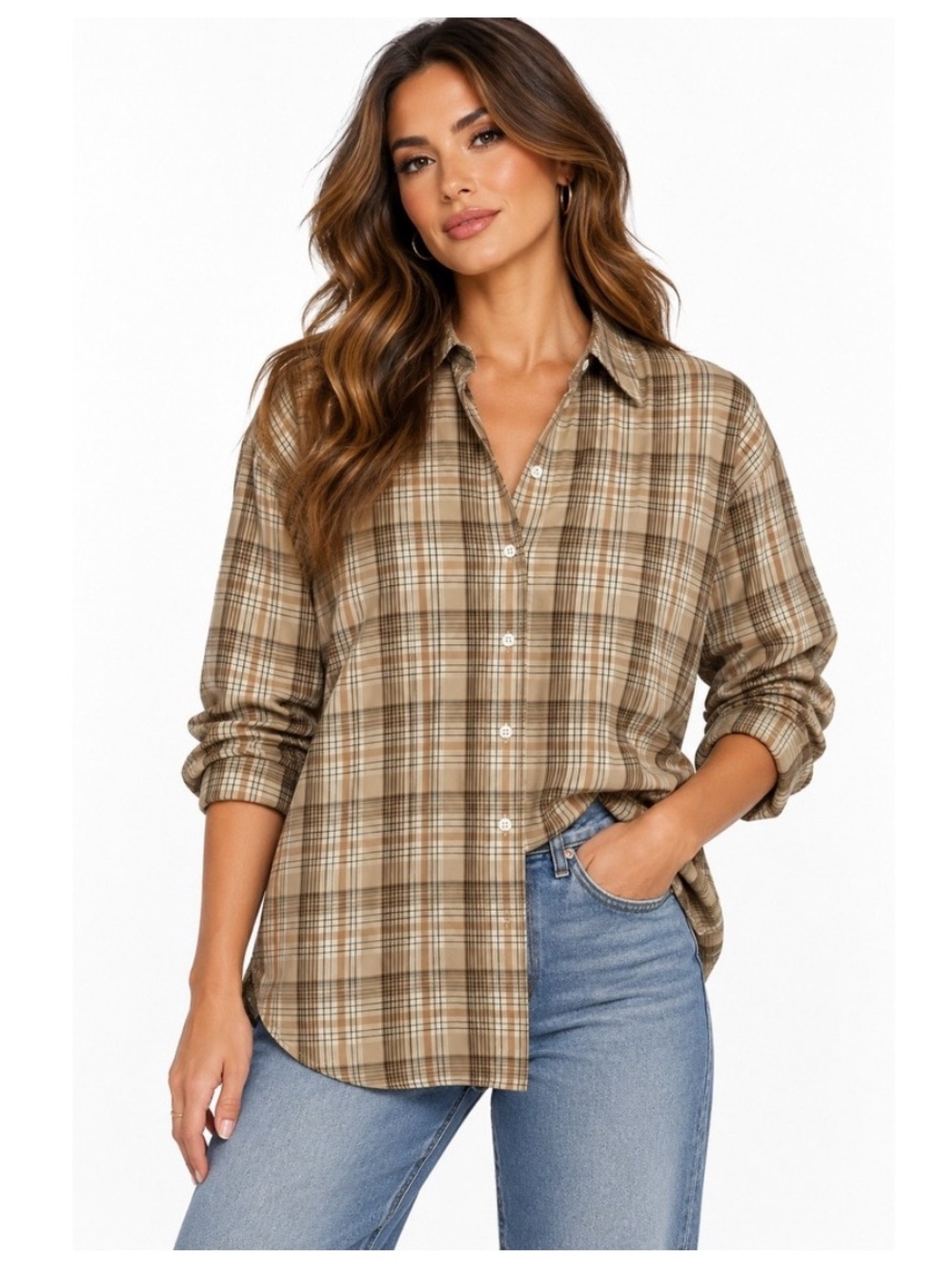 Everlane Cotton Plaid Button Down Shirt Size Small Brown Tan Boyfriend